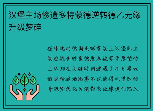 汉堡主场惨遭多特蒙德逆转德乙无缘升级梦碎