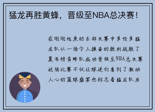 猛龙再胜黄蜂，晋级至NBA总决赛！