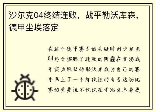 沙尔克04终结连败，战平勒沃库森，德甲尘埃落定