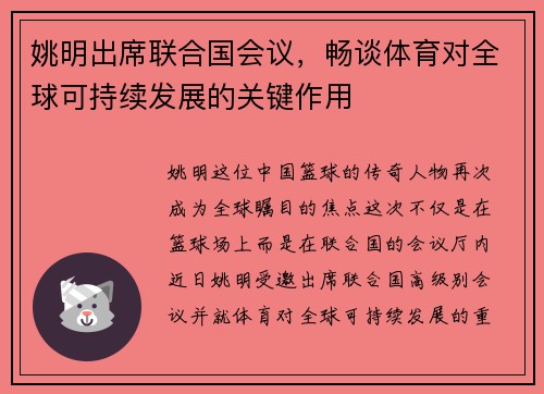 姚明出席联合国会议，畅谈体育对全球可持续发展的关键作用